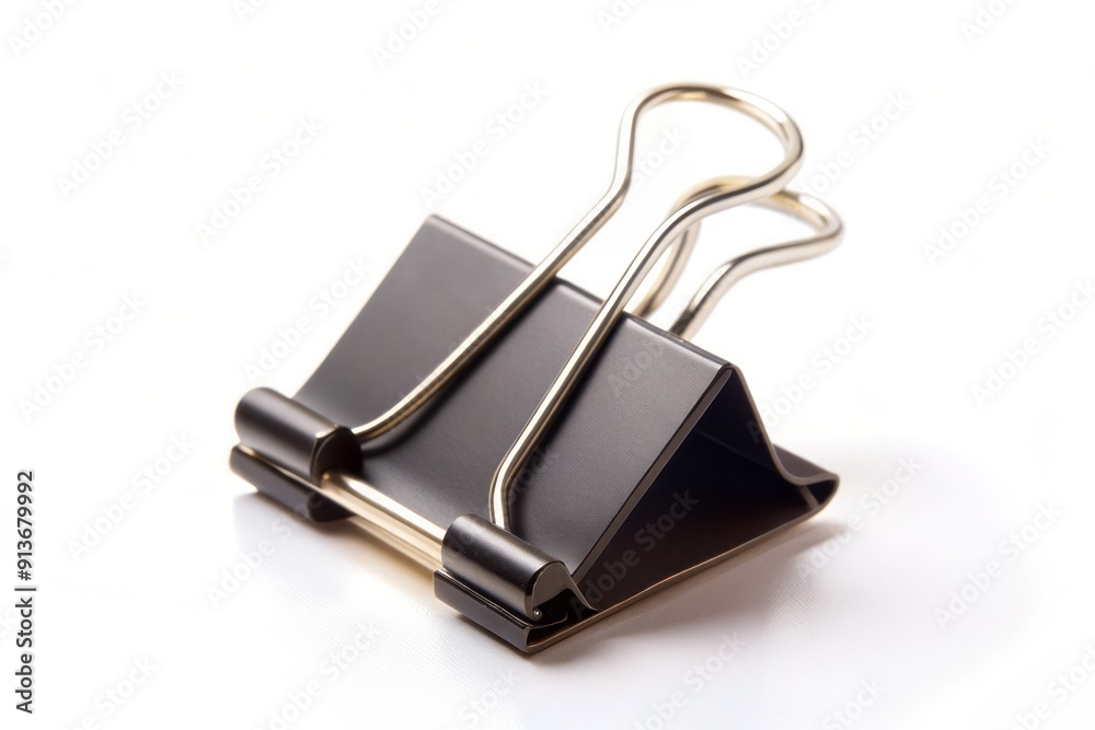 Isolated small metal binder clip with black finish holding together blank papers on a clean white studio background. Isolated small metal binder clip with black finish holding together blank papers on a clean white studio background.