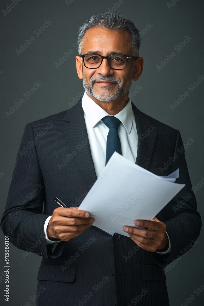 Elegant Indian Businessman Reviewing Documents on Gray Background generative ai Elegant Indian Businessman Reviewing Documents on Gray Background generative ai