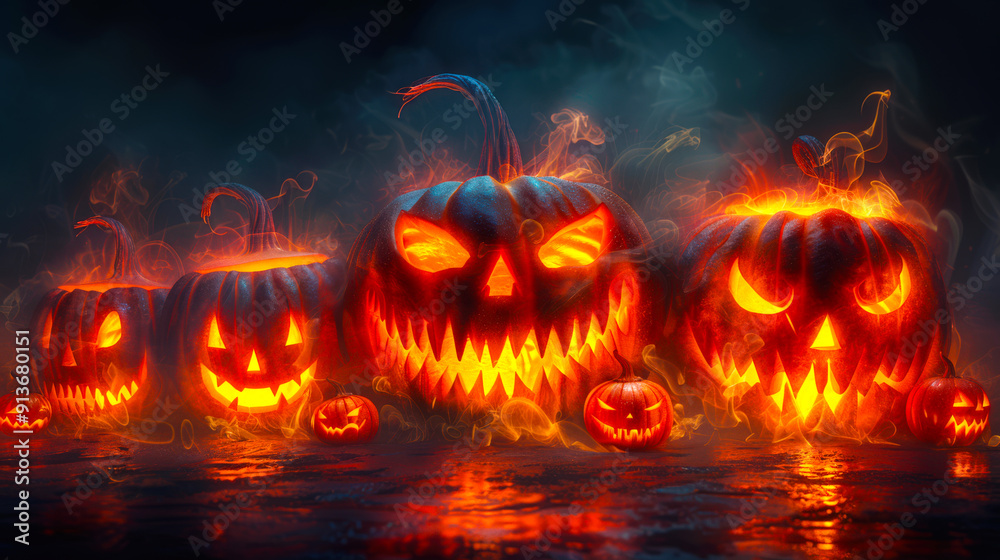 Halloween night. A group of pumpkins with scary faces burning from the inside is illuminated and surrounded by smoke. Happy Halloween Halloween night. A group of pumpkins with scary faces burning from the inside is illuminated and surrounded by smoke. Happy Halloween