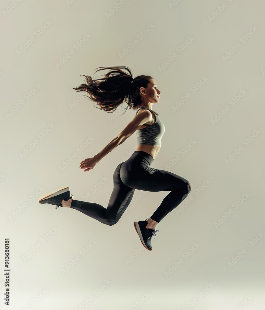 Beautiful fashionable woman wearing modern activewear jumping in studio Beautiful fashionable woman wearing modern activewear jumping in studio