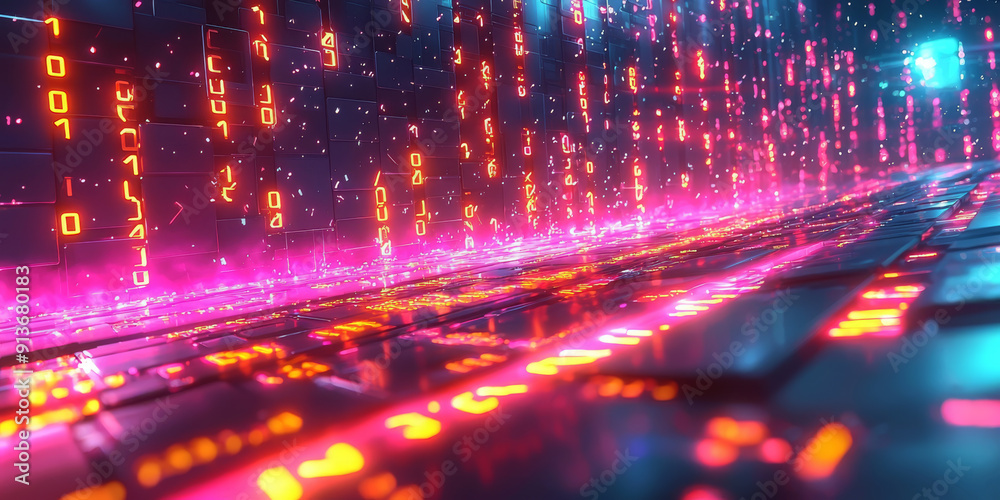 Obraz premium Digital binary code data streaming on a dark background