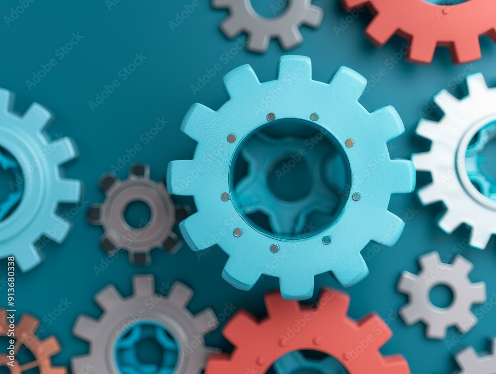 blue cog wheel gear mechanism on teal background - teamwork collaboration efficiency concept blue cog wheel gear mechanism on teal background - teamwork collaboration efficiency concept