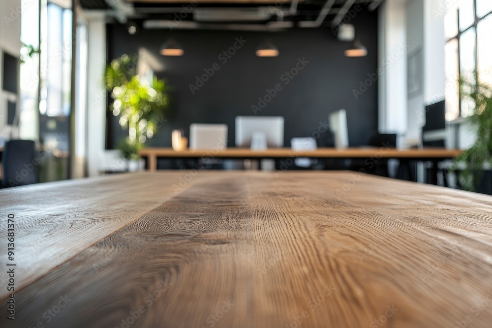 Blurred background of a contemporary office with a wooden table in the foreground, providing a space for office presentations with generative ai Blurred background of a contemporary office with a wooden table in the foreground, providing a space for office presentations with generative ai