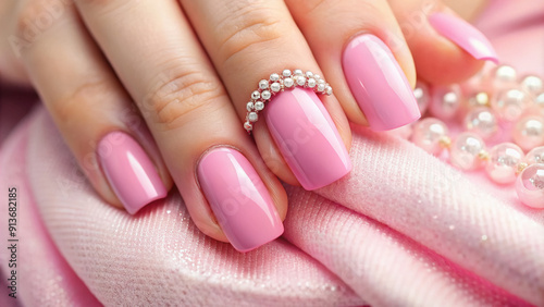 Vibrant pink nail polish adorns perfectly manicured fingers, adorned with glittering rhinestones, against a soft pastel pink background with subtle texture and natural lighting. photo