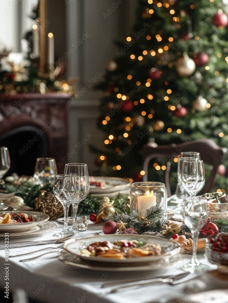 Holiday Dinner Table with Christmas Tree Holiday Dinner Table with Christmas Tree
