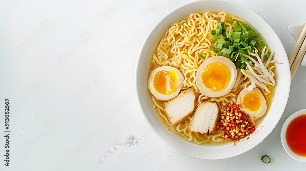 Asian noodle soup, ramen on bowl, white background, top view, copy space for text Asian noodle soup, ramen on bowl, white background, top view, copy space for text