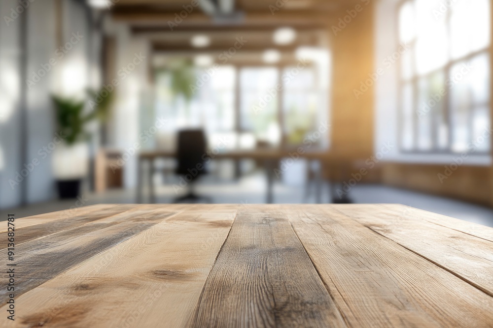 Blurred background of a contemporary office with a wooden table in the foreground, providing a space for office presentations with generative ai Blurred background of a contemporary office with a wooden table in the foreground, providing a space for office presentations with generative ai