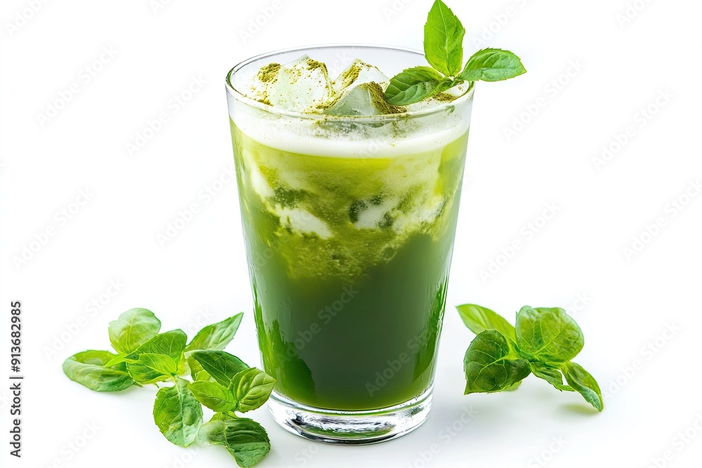 Icy Green Tea Matcha with Foam isolated on white background Icy Green Tea Matcha with Foam isolated on white background