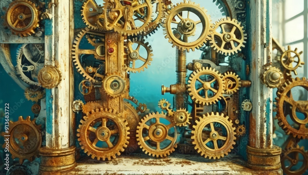 complex arrangement golden gears and cogs, with some missing or damaged, creates mechanical and intricate complex arrangement golden gears and cogs, with some missing or damaged, creates mechanical and intricate
