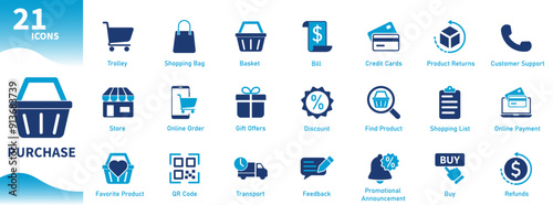 Purchase icon. Set of shopping icons, shopping cart, checkout, promotion, store, product search, cashback. Solid vector symbol collection.