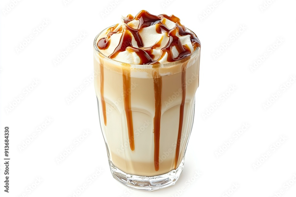 Icy Vanilla Latte with Caramel Drizzle isolated on white background Icy Vanilla Latte with Caramel Drizzle isolated on white background