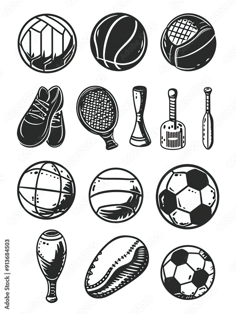Fototapeta premium Black and White Illustration of Various Sports Equipment, generative ai image