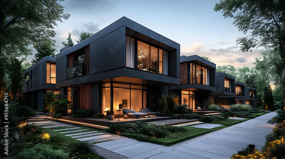 Modern Black House with Patio and Greenery - 3D Illustration Modern Black House with Patio and Greenery - 3D Illustration