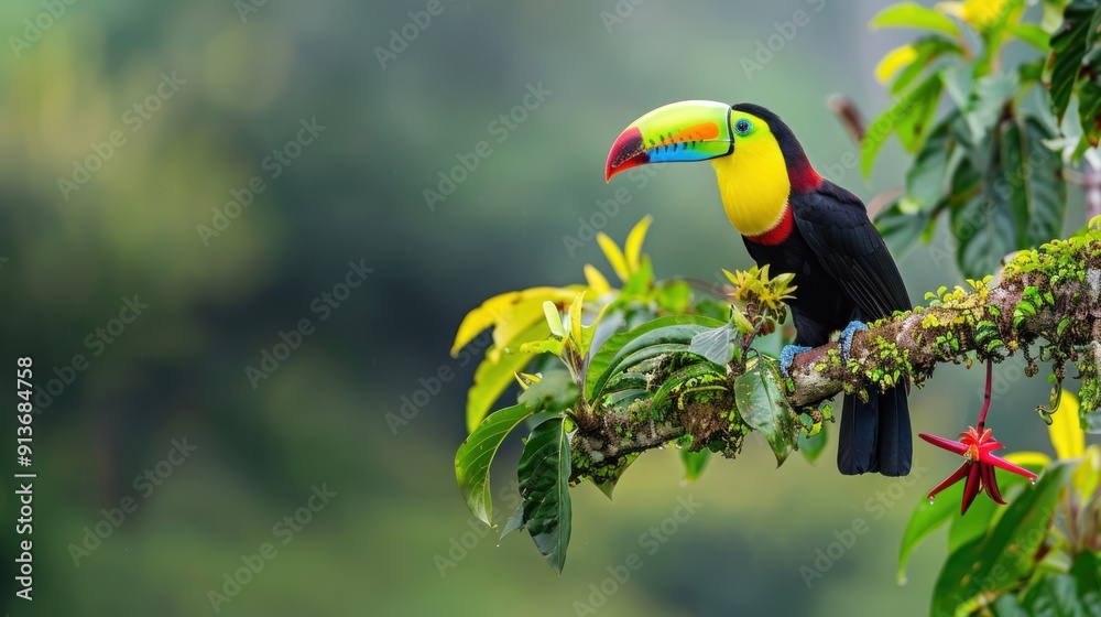 Obraz premium Colorful Toucan Perched on a Branch in a Tropical Rainforest