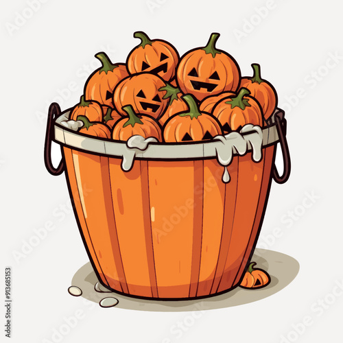 Halloween pumpkins in wooden bucket