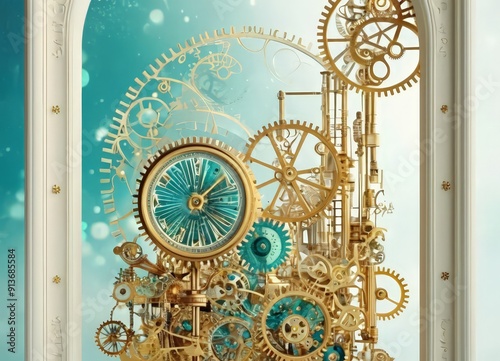 complex mechanical clock with gold gears and blue face is displayed against blue and white background, with