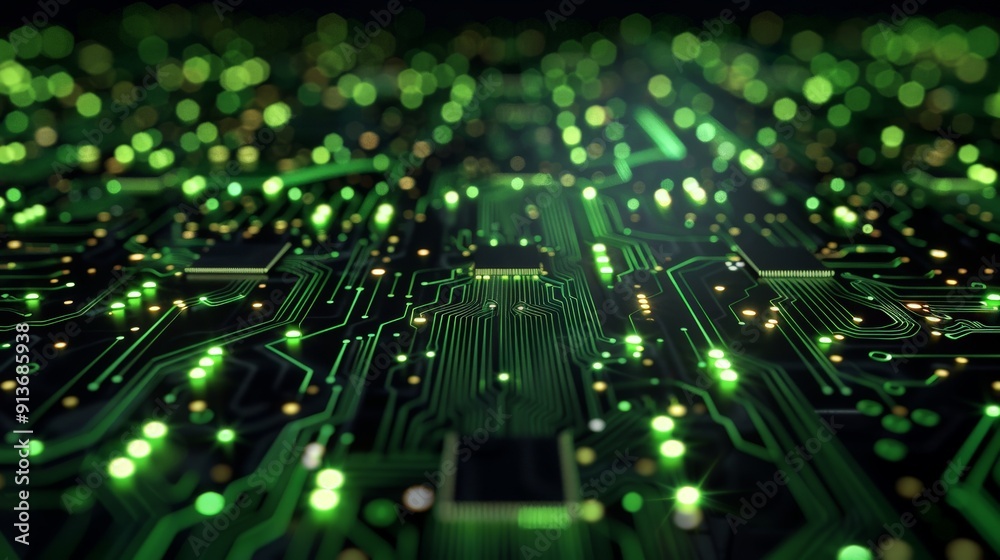 Abstract Electronic Circuit Board with Green Glow for your background business, poster, wallpaper, banner, backdrop, greeting cards, and advertising for business entities or brands. Abstract Electronic Circuit Board with Green Glow for your background business, poster, wallpaper, banner, backdrop, greeting cards, and advertising for business entities or brands.