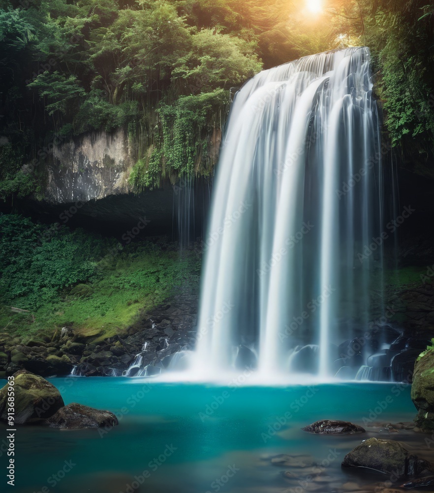 Fototapeta premium serene waterfall cascades into turquoise pool, surrounded by lush greenery and bathed in sunlight.