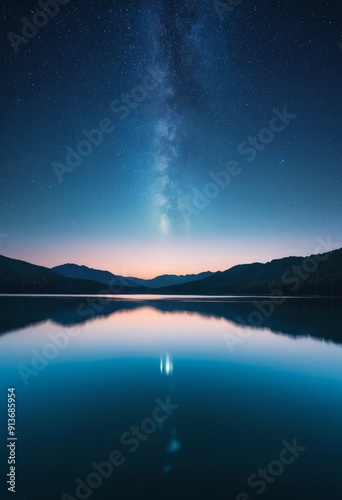 tranquil lake reflects the starry night sky, with milky way galaxy and gradient orange and pink hues.