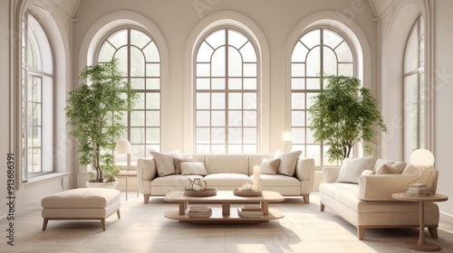 Beige sofa and armchair in room with arched windows.