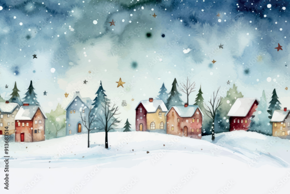 Winter village snowy night painting Winter village snowy night painting