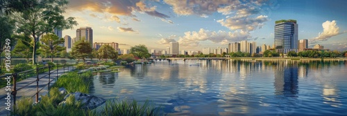 Contemporary Waterfront Cityscape and Urban Park