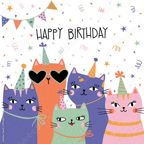 Hand drawn happy birthday card with funny cats with birthday cap and lettering Happy Birthday. Vector illustration. Isolated on white background. Good for posters, t shirts, postcards.