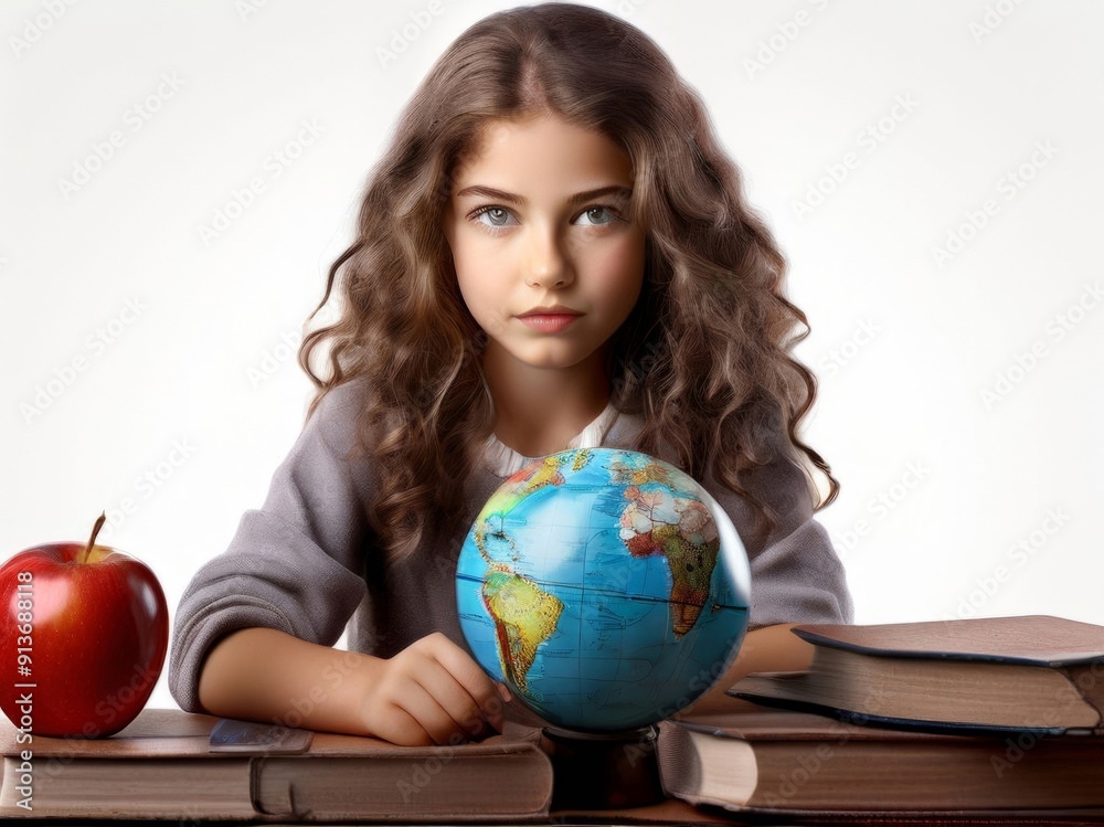 A girl student sits at a table with a globe and a red apple atop a stack of books, set against an isolated white background. AI generated.
A girl student sits at a table with a globe and a red apple atop a stack of books, set against an isolated white background. AI generated.