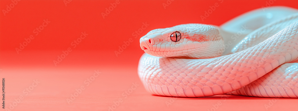 Fototapeta premium A white snake with intricate scales lies on a shiny red background, creating a magical and exotic atmosphere. Background for a New Year banner symbolising the year of the green snake.
