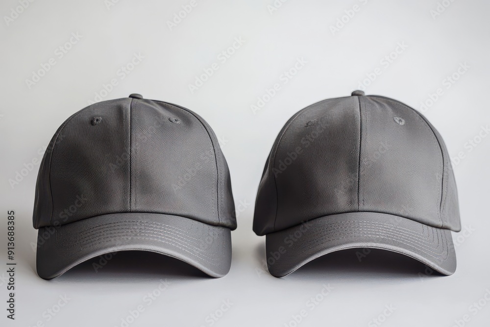 Fototapeta premium Pair of gray baseball caps on white background, front view