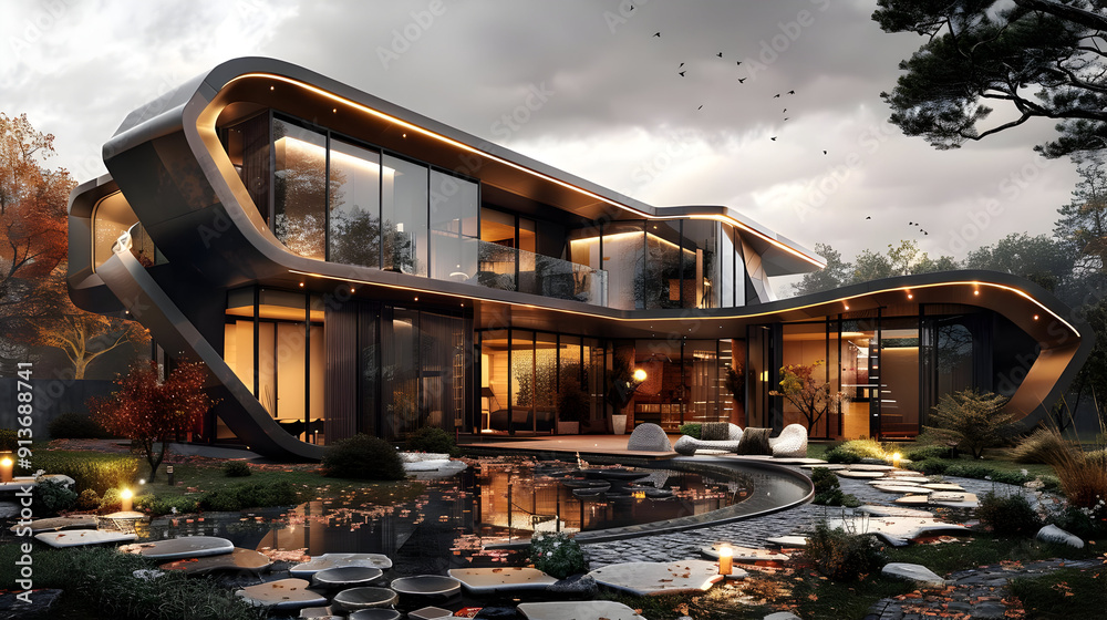 Fototapeta premium Modern Curved House with Pool and Garden - 3D Illustration