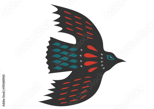 black, blue and red flying bird in ethnic style
