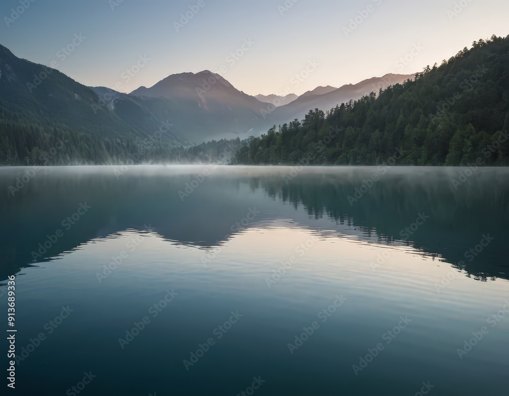 serene mountain lake, surrounded by lush forests, reflects the clear blue sky and distant mountains, creating serene mountain lake, surrounded by lush forests, reflects the clear blue sky and distant mountains, creating