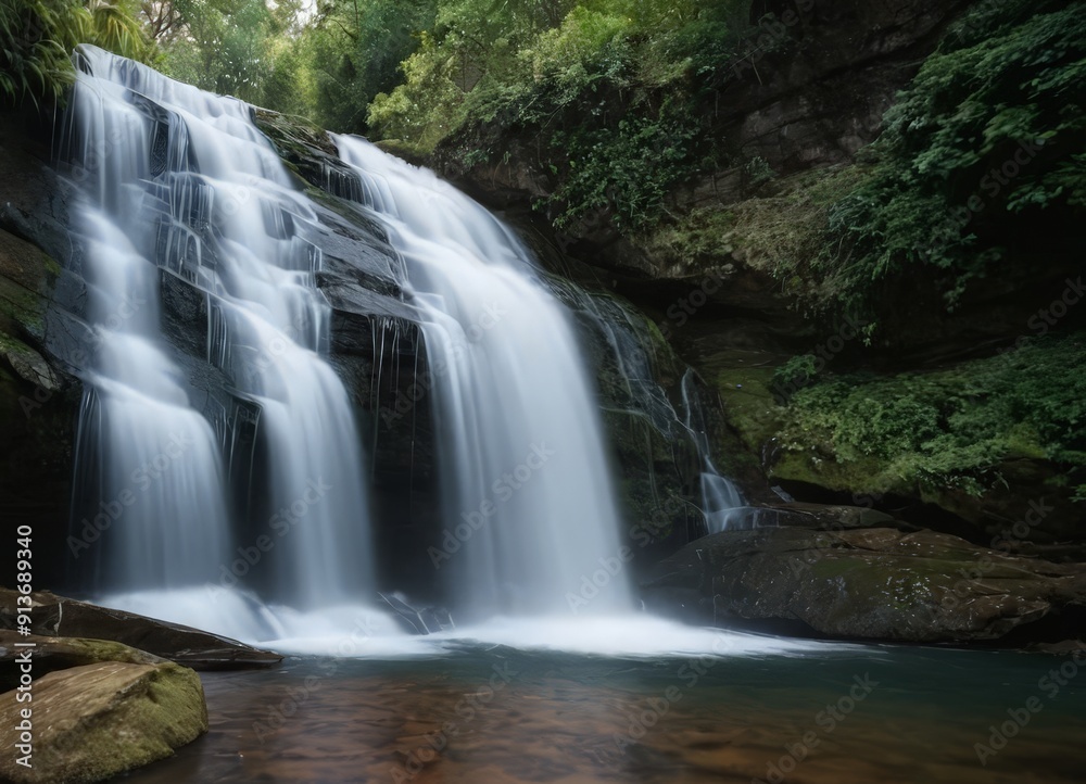 serene waterfall cascades over moss-covered rocks, surrounded by lush greenery and reflecting in the calm serene waterfall cascades over moss-covered rocks, surrounded by lush greenery and reflecting in the calm