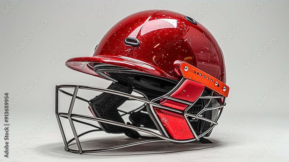 Fototapeta premium a red cricket helmet with a metal face guard.