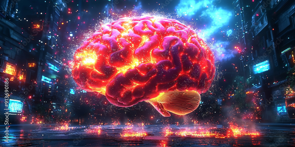 Glowing brain with swirling patterns depicting machine intelligence and data processing. Brainpower concept Glowing brain with swirling patterns depicting machine intelligence and data processing. Brainpower concept