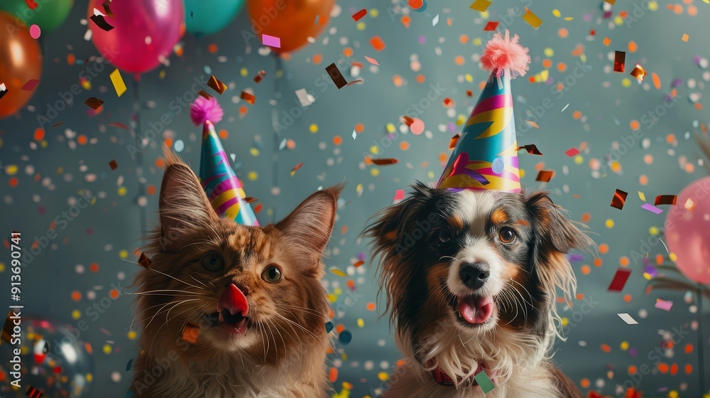 A cat and dog wearing birthday hats, surrounded by confetti and balloons, celebrate a special occasion together. The image symbolizes friendship, joy, and celebration. A cat and dog wearing birthday hats, surrounded by confetti and balloons, celebrate a special occasion together. The image symbolizes friendship, joy, and celebration.