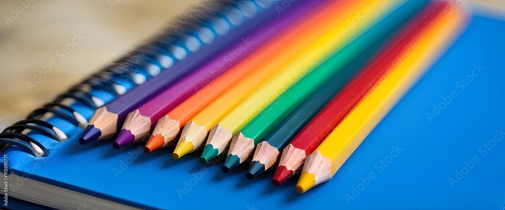 Fototapeta premium Vibrant colored pencils arrangement, on blue notebook, educational tools, creative projects. Generative AI