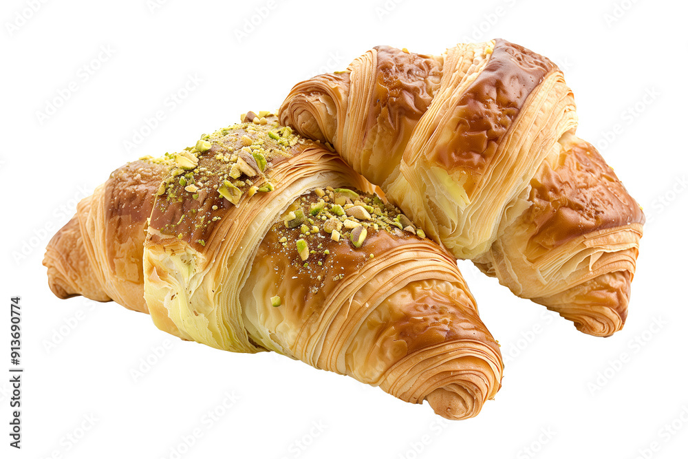 Croissant filled with creamy pistachio, topped with chopped pistachios and drizzled with sweet syrup isolated on white transparent background, making for breakfast or a sweet snack Croissant filled with creamy pistachio, topped with chopped pistachios and drizzled with sweet syrup isolated on white transparent background, making for breakfast or a sweet snack