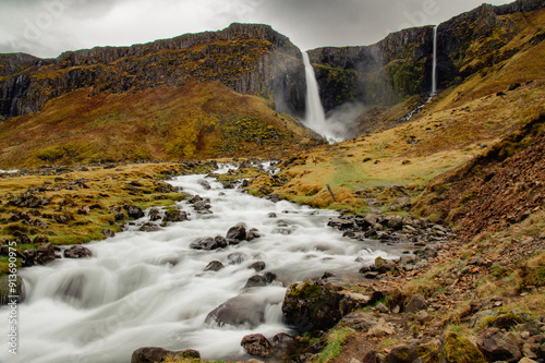 Waterfall in Island - Waterfall with Mountains, Sky and Clouds