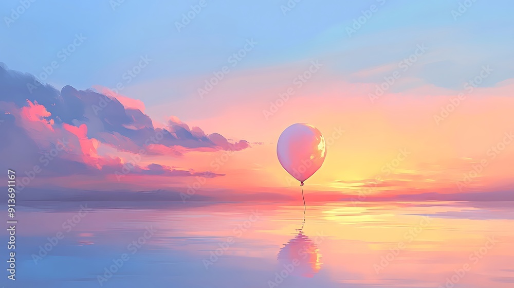 Fototapeta premium Single Balloon Floating at Sunset Over Water