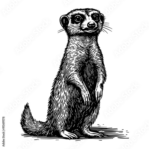 Vector illustration of a ferret in the style of a black-and-white vintage engraving with detailed line and texture work, an elegant and refined drawing for print and design