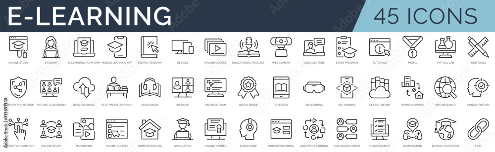 Set of 45 outline icons related to e-learning, online education. Linear icon collection. Editable stroke. Vector illustration Set of 45 outline icons related to e-learning, online education. Linear icon collection. Editable stroke. Vector illustration
