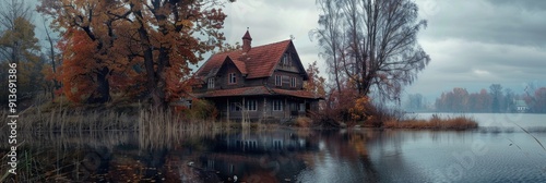 Abandoned vintage house by the lake photo