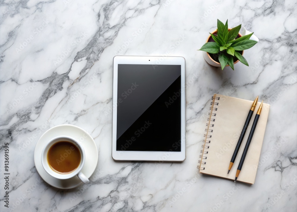 Elegant desk setup with blank tablet, artfully designed coffee, and modern office supplies on a sleek marble background surface. Elegant desk setup with blank tablet, artfully designed coffee, and modern office supplies on a sleek marble background surface.