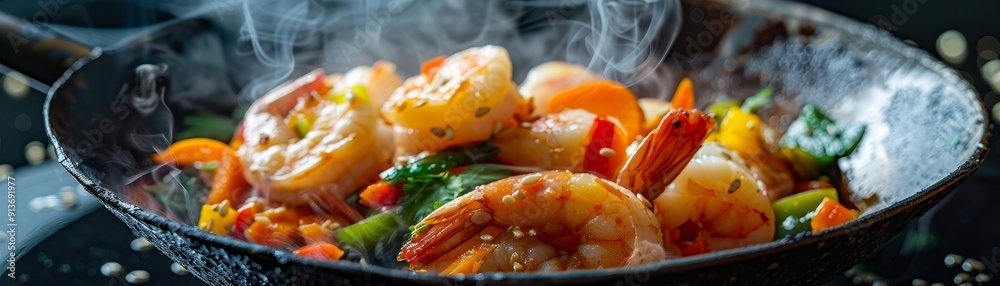 A close-up shot of a sizzling wok filled with shrimp, vegetables, and steam rising, symbolizing fresh ingredients, cooking, flavor, and Asian cuisine. A close-up shot of a sizzling wok filled with shrimp, vegetables, and steam rising, symbolizing fresh ingredients, cooking, flavor, and Asian cuisine.