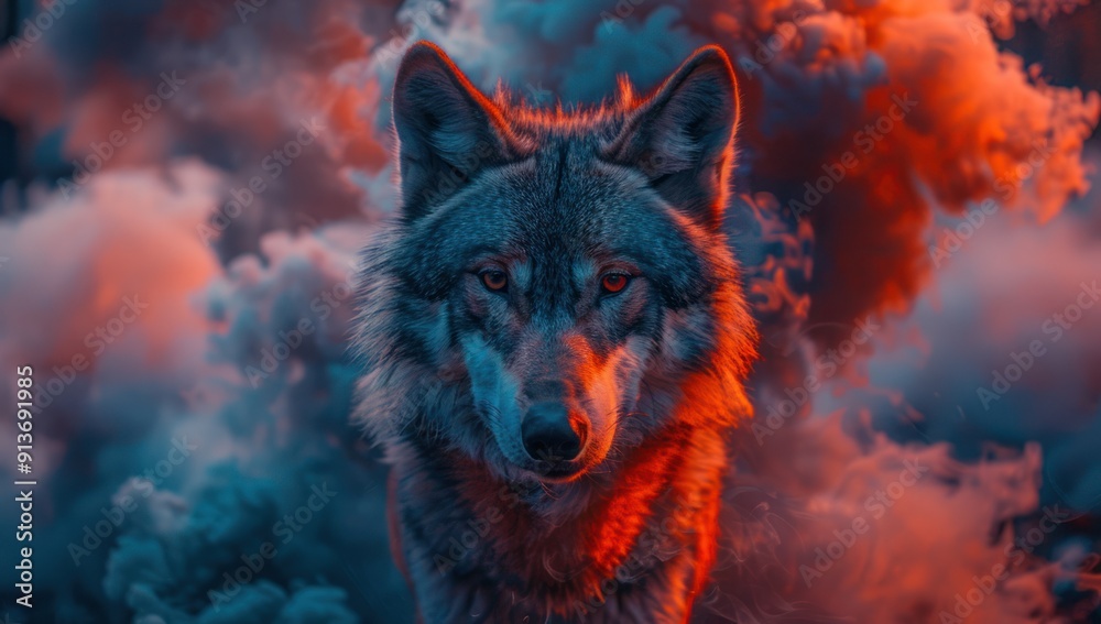 Wolf in Smoke with Red and Blue Light Wolf in Smoke with Red and Blue Light