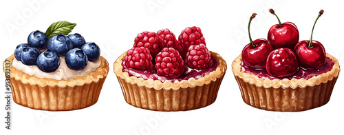 Watercolor Dessert Set Featuring Fresh Berry Tart with Cream and Wildberries, Hand-Drawn Illustration Isolated on White Background, Ideal for Food Menus, Packaging Design, and Print photo