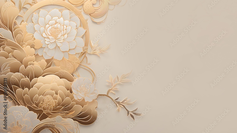 Luxury oriental style taupe background with flowers. Golden ink