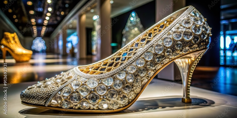 Dazzling crystal shoe sparkling with intricate design and precision, showcased in a luxurious exhibit hall in a famous Austrian museum. Dazzling crystal shoe sparkling with intricate design and precision, showcased in a luxurious exhibit hall in a famous Austrian museum.